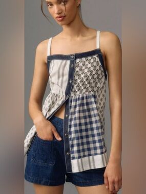 Anthropologie Pilcro Blue Patchwork Babydoll Button-Front Long Cami Top: XL
